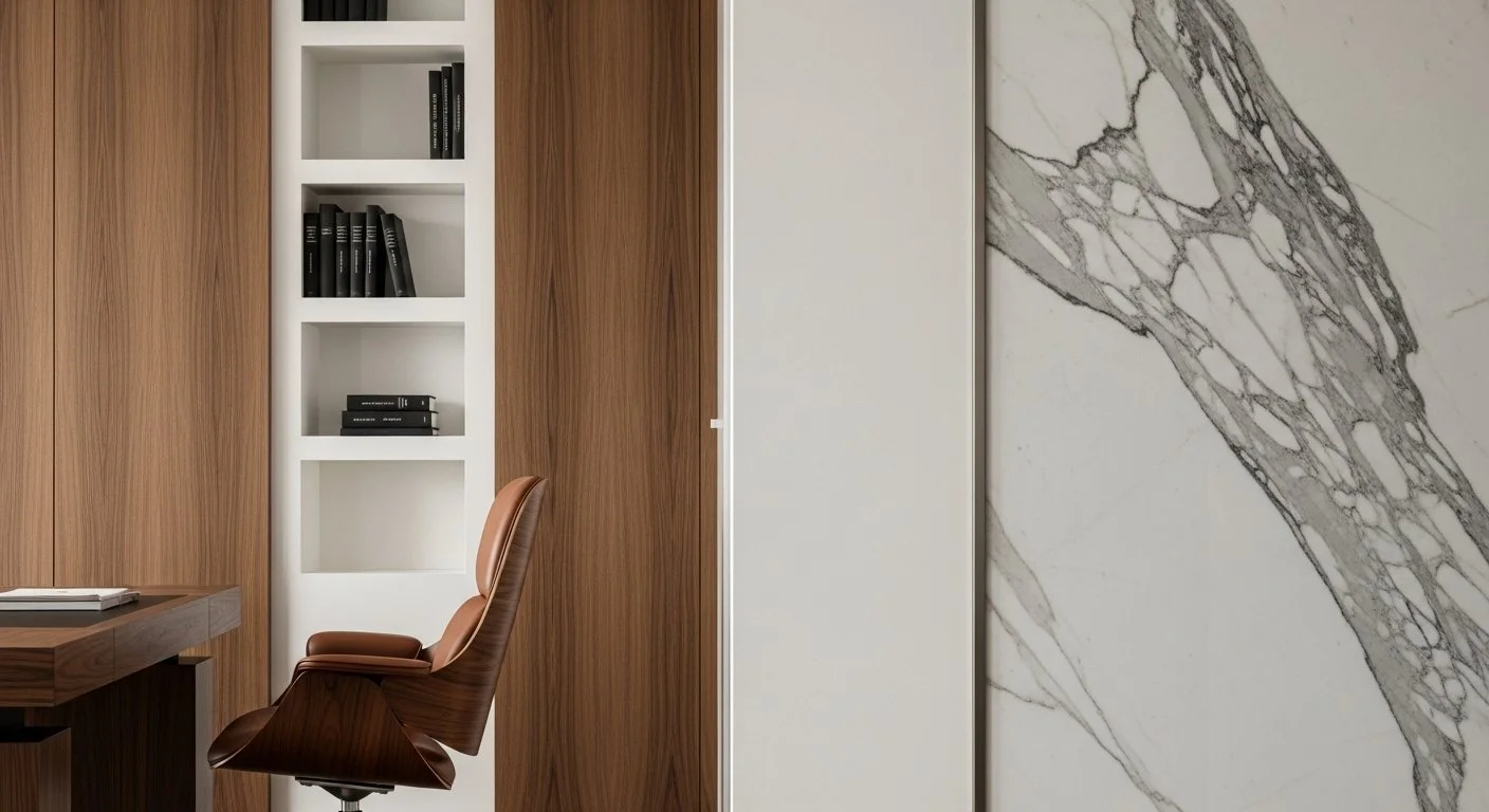 Modern office with wooden wall paneling, built-in white shelving with black books, and a leather office chair at a wooden desk.