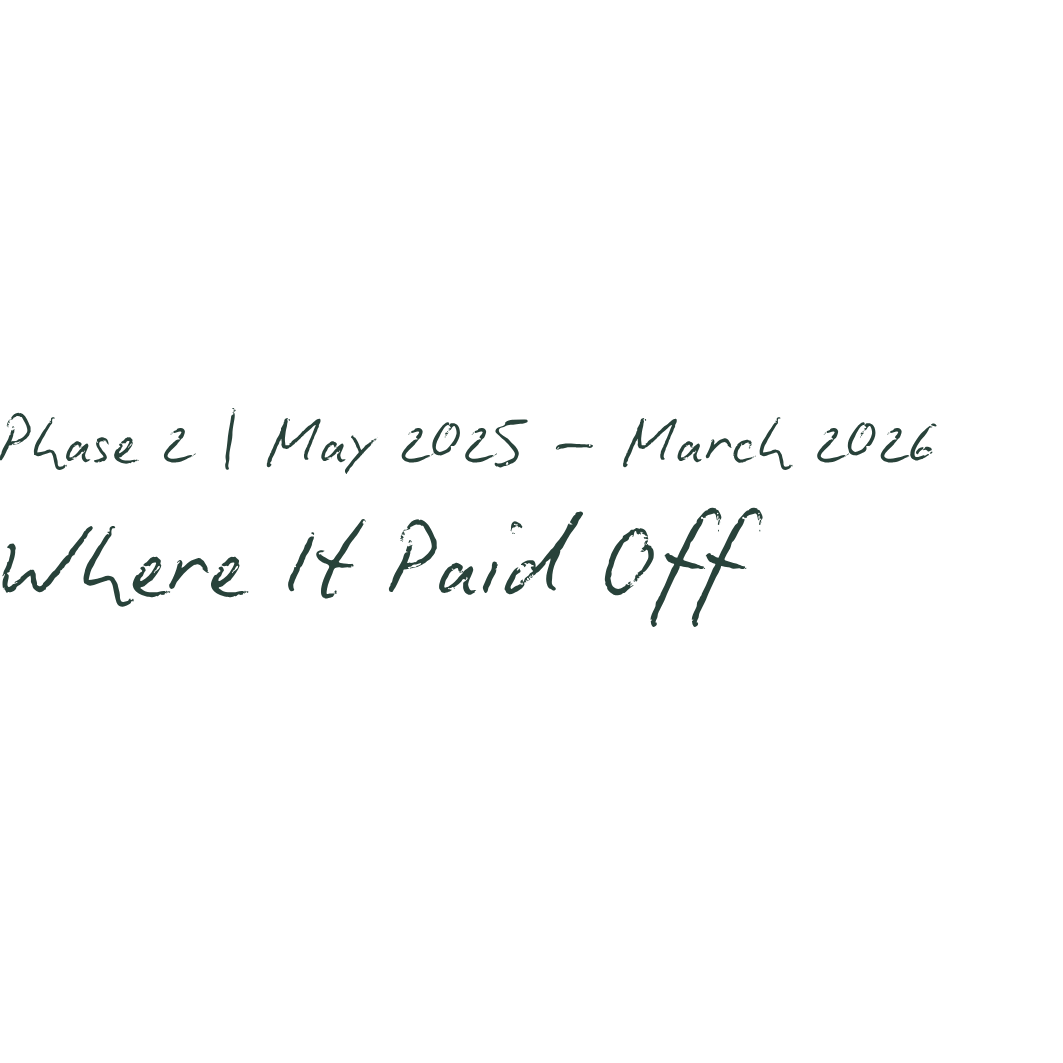 Black background with green handwritten text reading, 'Phase 2 | May 2025 - March 2026 Where It Paid Off'.