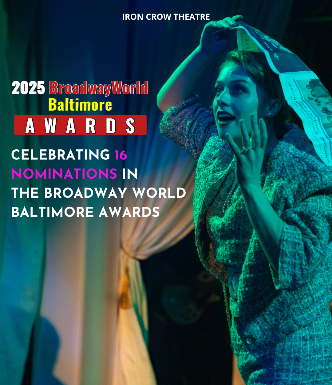 A woman with a newspaper on her head, appearing delighted or excited, on stage with colorful curtains and theatrical lighting.