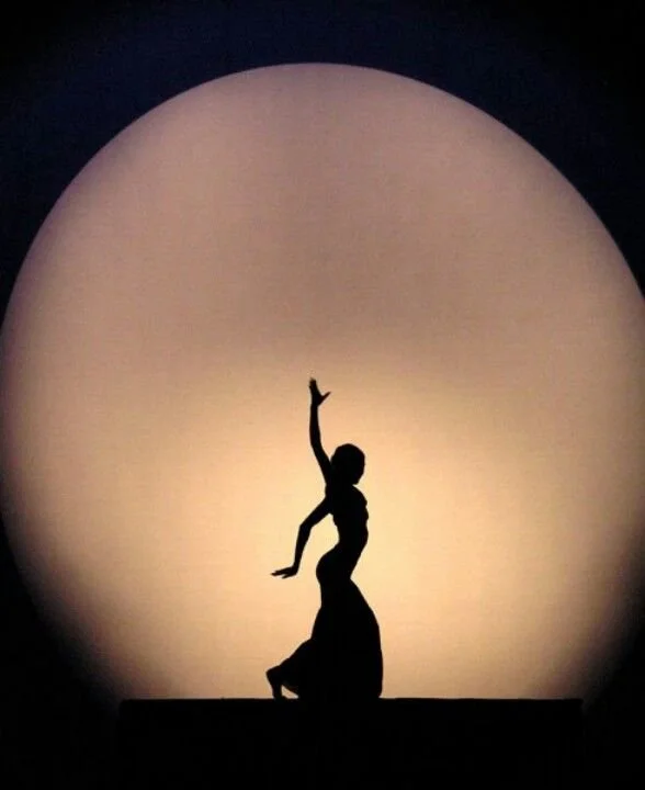 Silhouette of a woman dancing, with one arm raised, in front of a large circular light source.