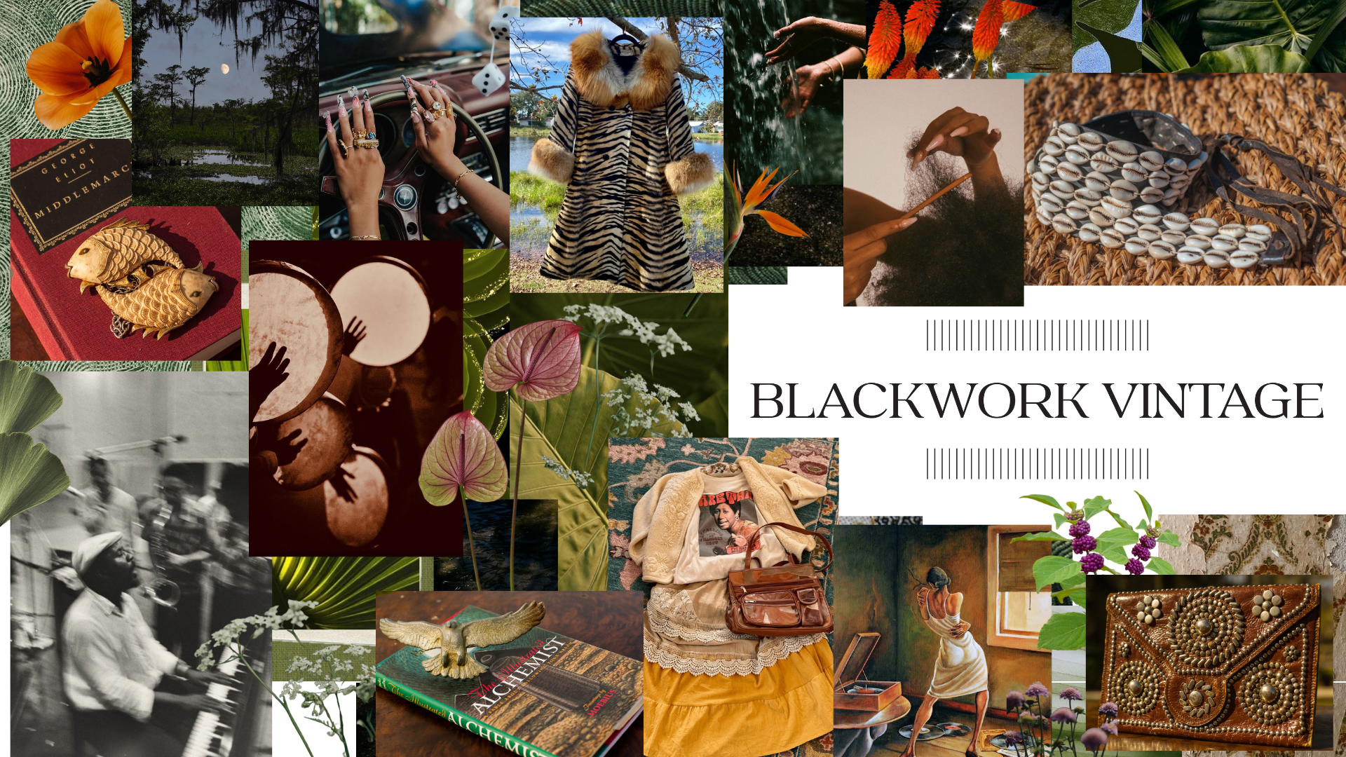 Collage of vintage and bohemian items including jewelry, clothing, books, art, nature scenes, and accessories with the text 'Blackwork Vintage'.