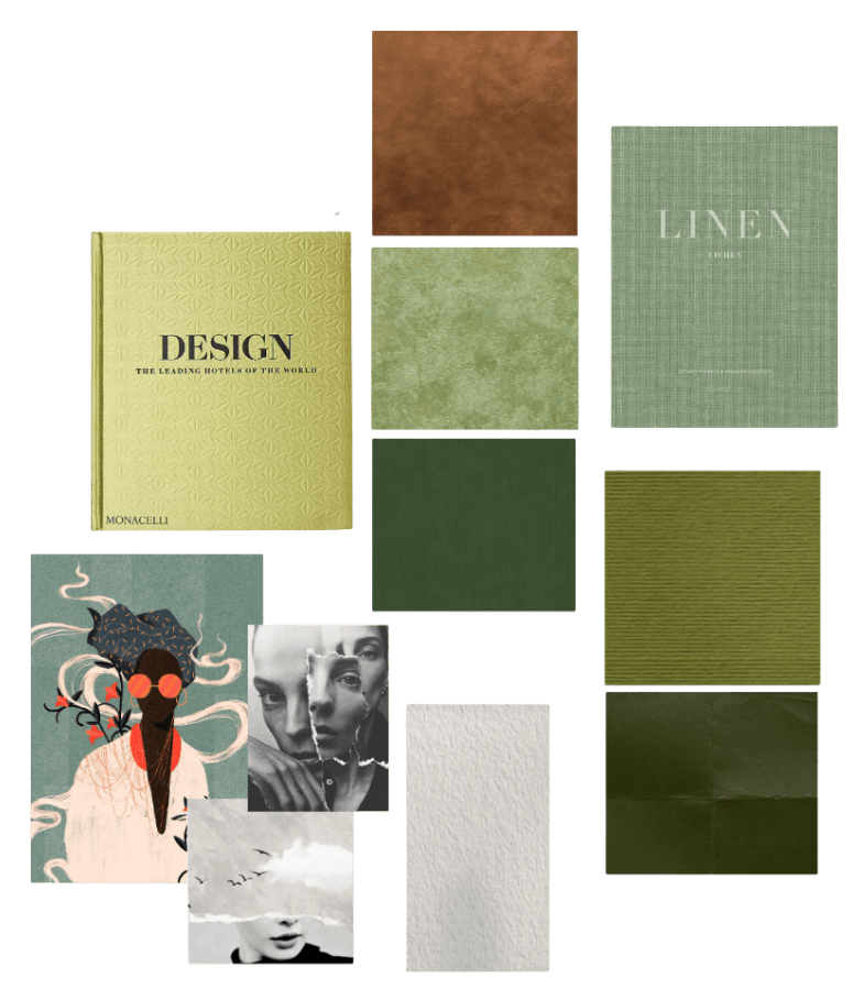 Arrangement of color and pattern samples, as if on a moodboard, books labeled "Design" and "Linen," along with black-and-white and illustrated portraits.