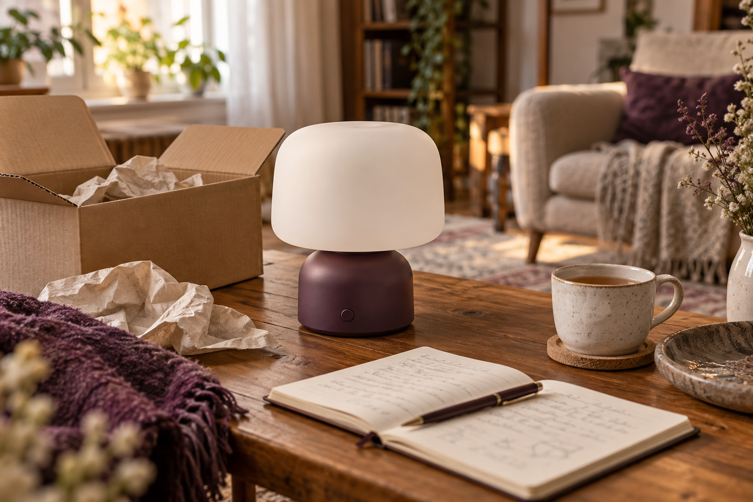 Eine ausgeschaltete Tischlampe neben einem offenen Paket, Notizen und einer großen Tasse Tee in einem wohnlichen Raum – KI-generierte Illustration.