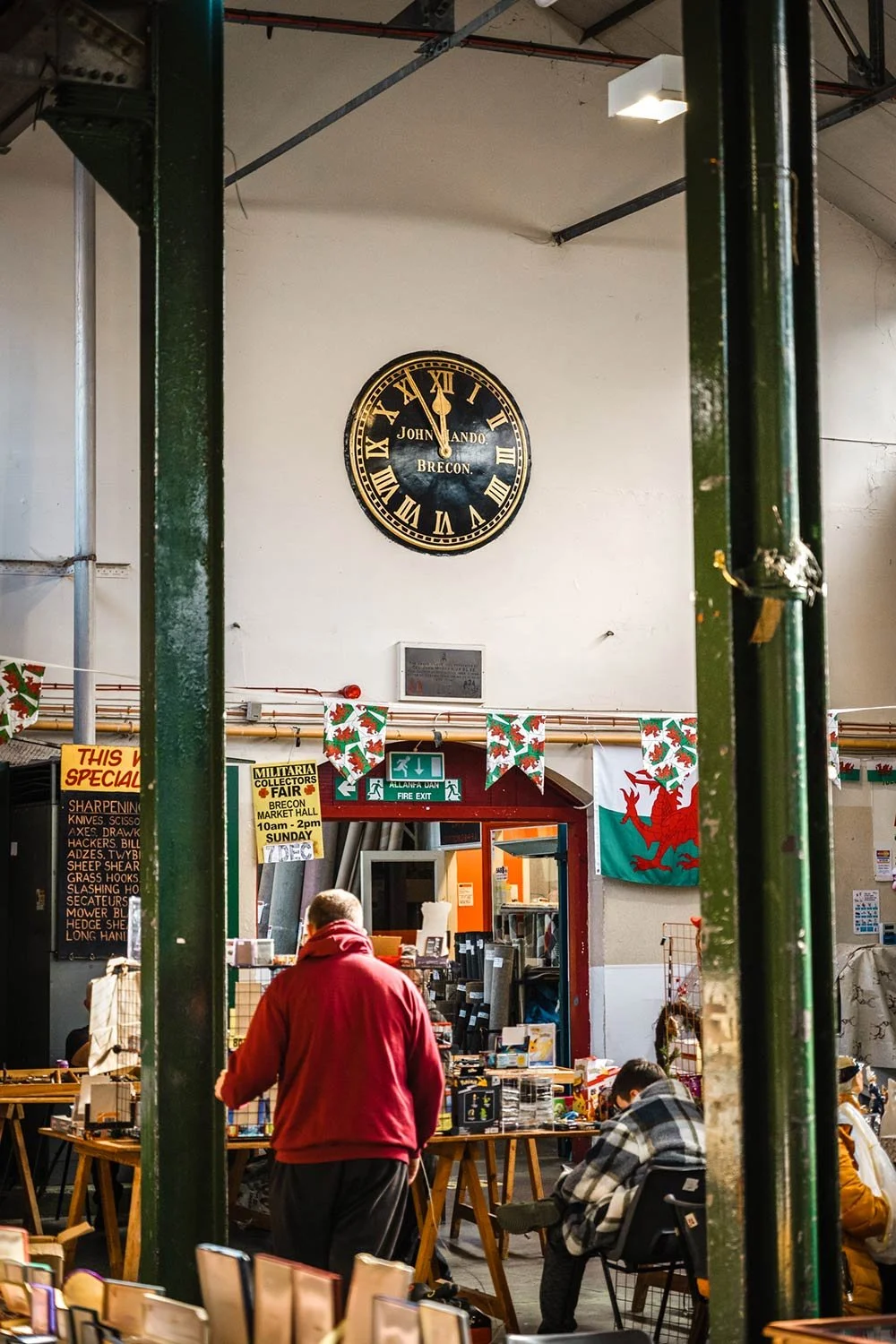 A view out from inside Brecon's Market Hall in Powys.