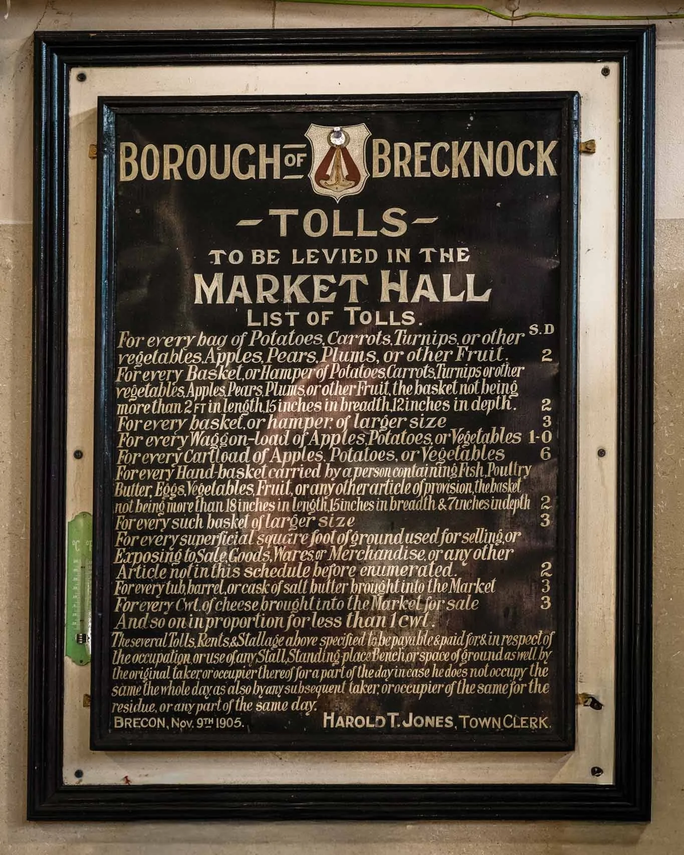 An old sign showing Brecon's historic Market Hall tolls.