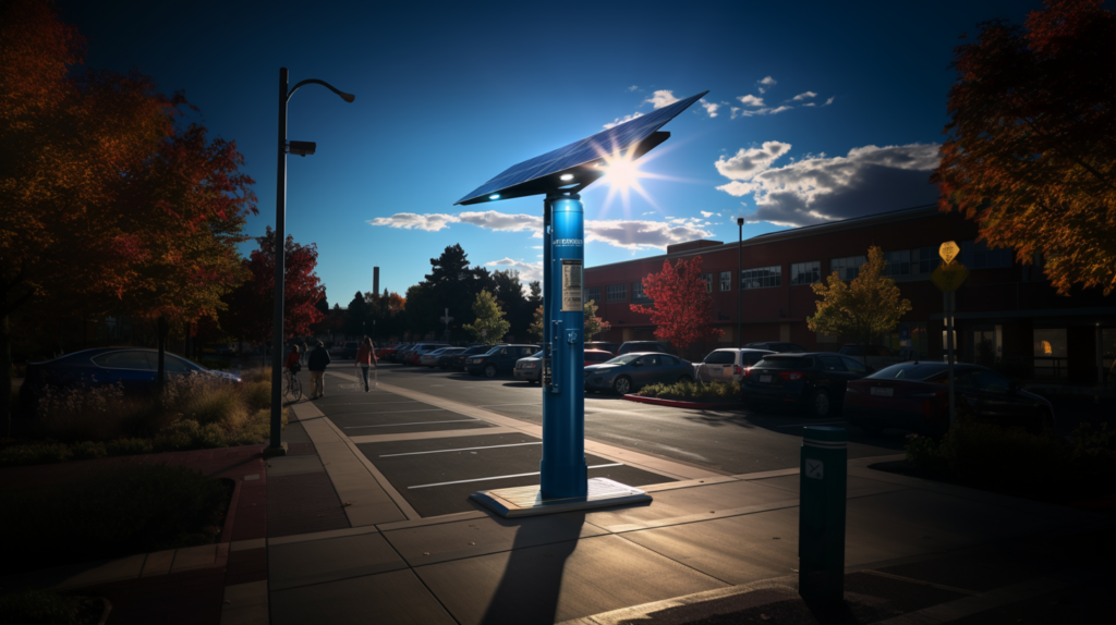 A code blue tower with a solar panel on top stands in a parking lot with the sun shining in a blue sky