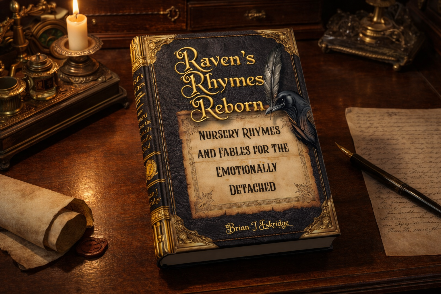 A book titled "Raven's Rhymes Reborn" on a wooden desk, surrounded by antique items, with a candle, a quill, and handwritten papers nearby.
