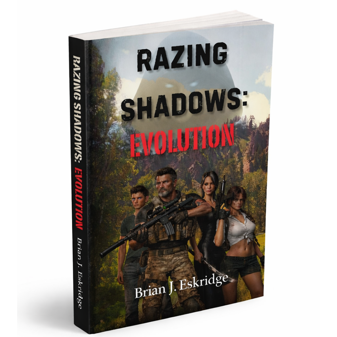 Book titled 'Razing Shadows: Evolution' by Brian J. Eskridge with a cover image of four people, including a man in military gear holding a rifle, in a forest setting.