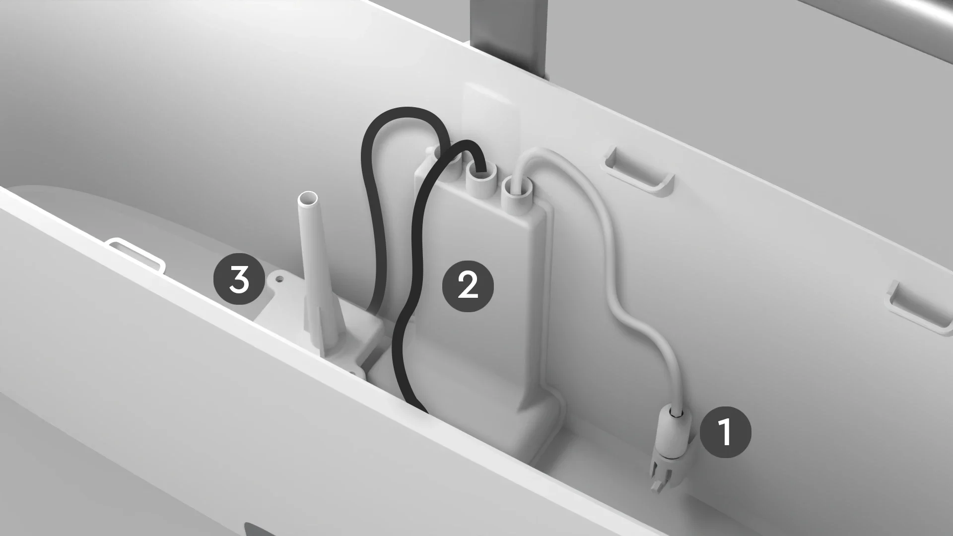 The water level is measured with a capacitive sensor (2), which allows for contact-less measuring. The nutrient concentration in the water is measured with an EC (electrical conductivity) sensor (1). One of the two water pumps is visible here too (3)
