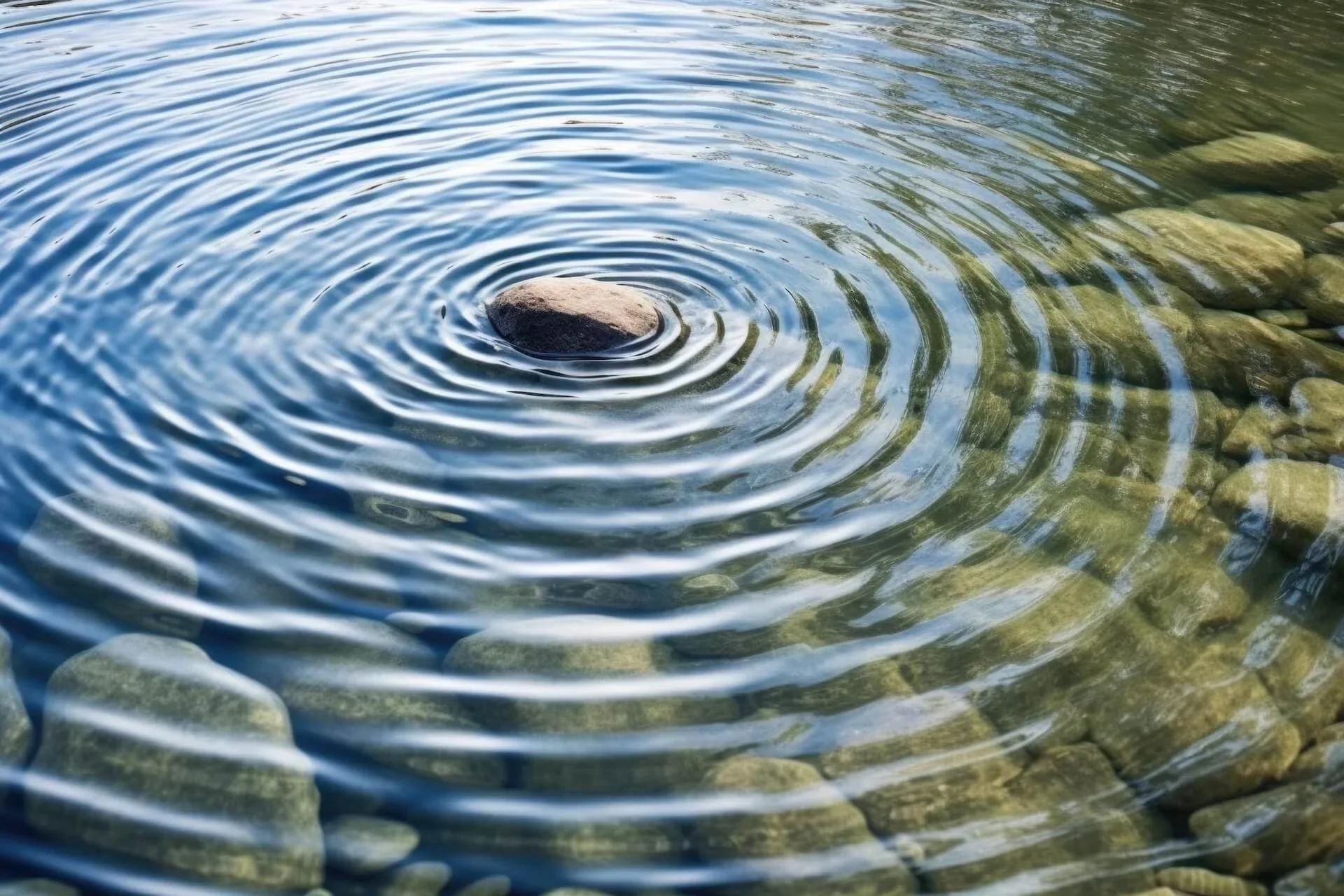 Rocks in clear water with ripples and algae on the submerged stones