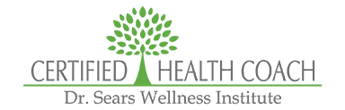 Logo with a green tree, text reads 'CERTIFIED HEALTH COACH' and 'Dr. Sears Wellness Institute'.
