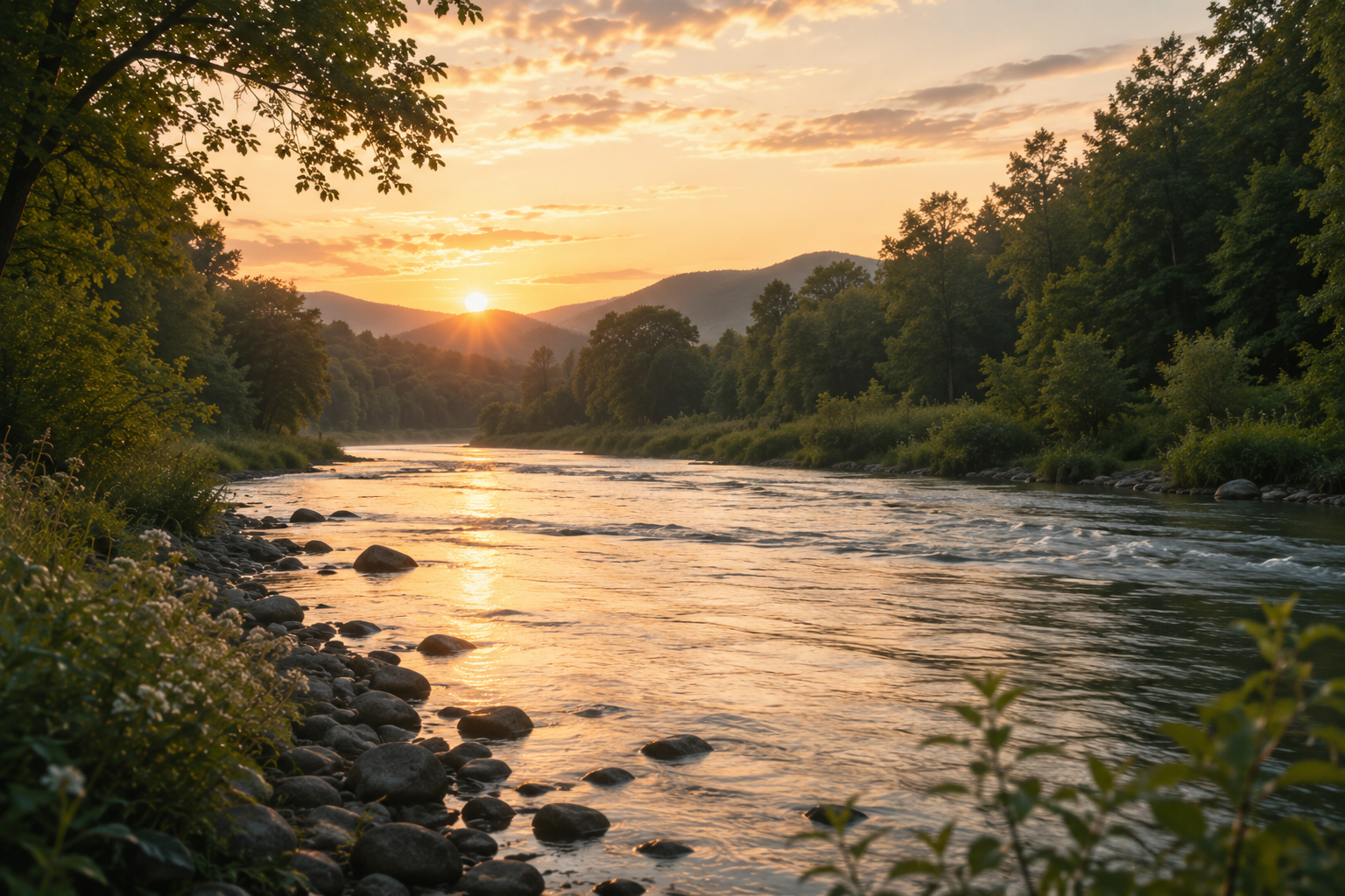 Sunset over a river surrounded by lush green trees and mountains in the background.