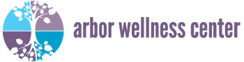 Logo of Arbor Wellness Center, featuring a circular tree design with purple, blue, and black colors and the text 'arbor wellness center'