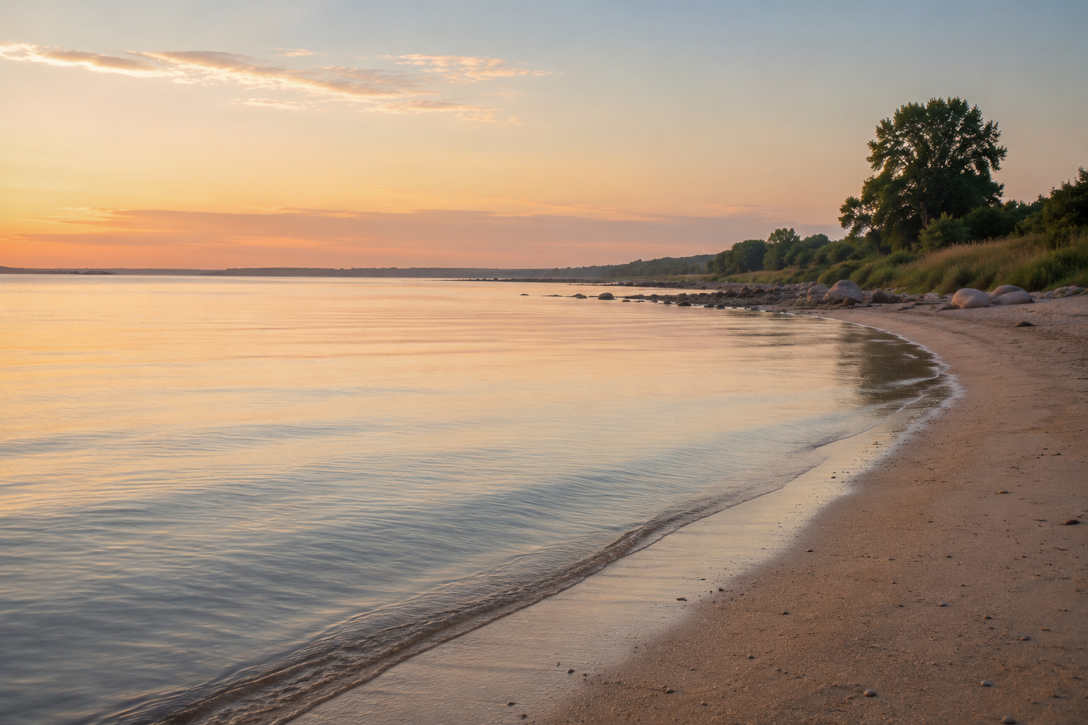 Sunset over a calm lake with gentle waves on the sandy shoreline, scattered rocks, and trees in the distance.