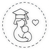 Outline drawing of a dog wearing a graduation cap, holding a diploma, with a heart nearby.