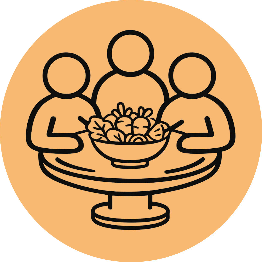 Line drawing of three faceless people sitting around a round table with a bowl of vegetables in the center, on a beige background.