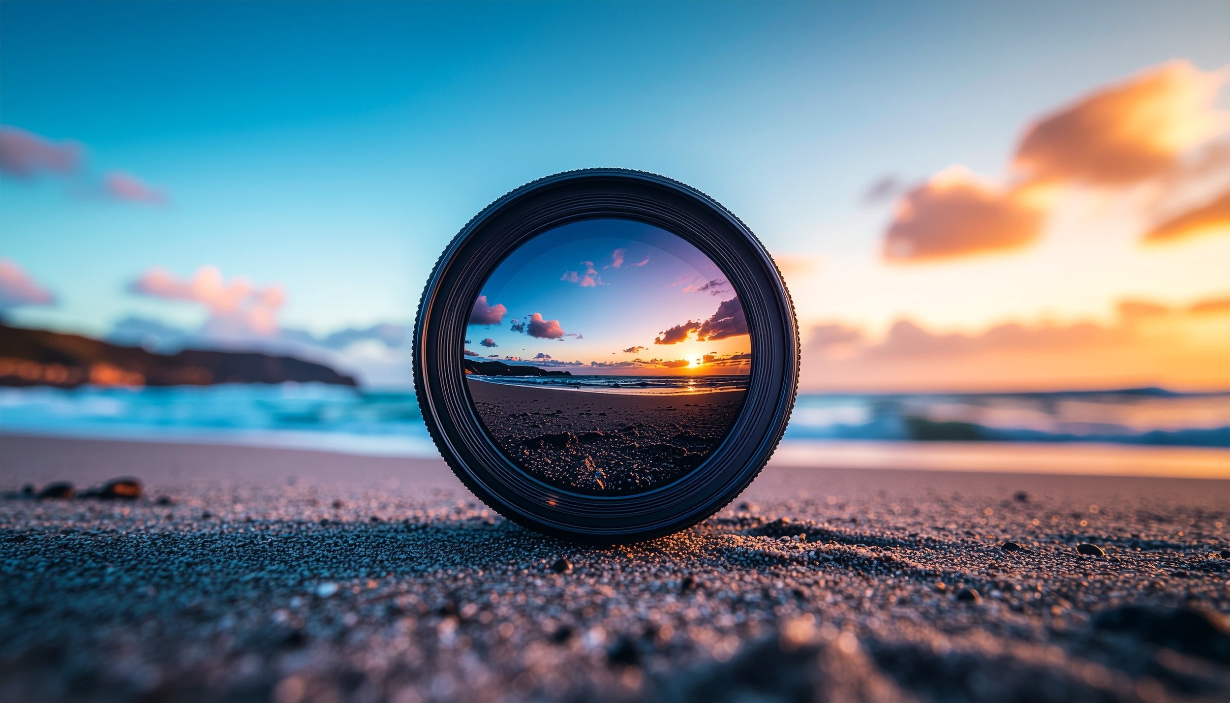 A camera lens on sandy beach capturing a sunset over the ocean with clouds in the sky.