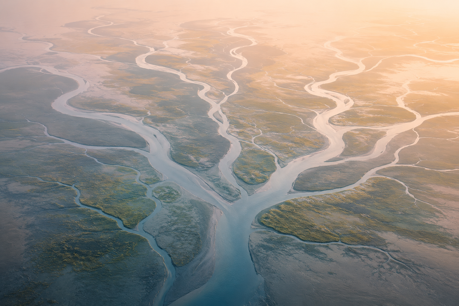 Aerial view of winding river channels in a wetlands area during sunset.