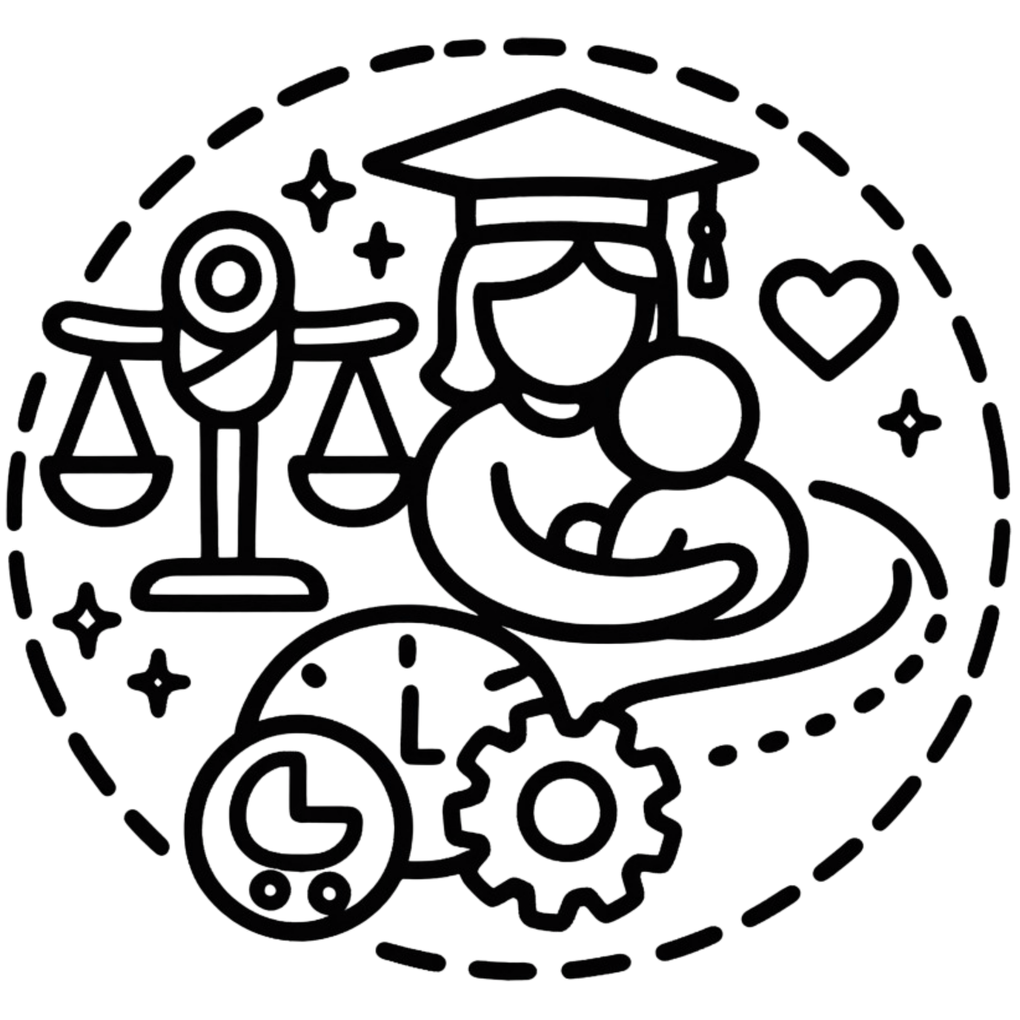 A line drawing of a graduation cap and book surrounded by stars, a heart, and other decorative elements.