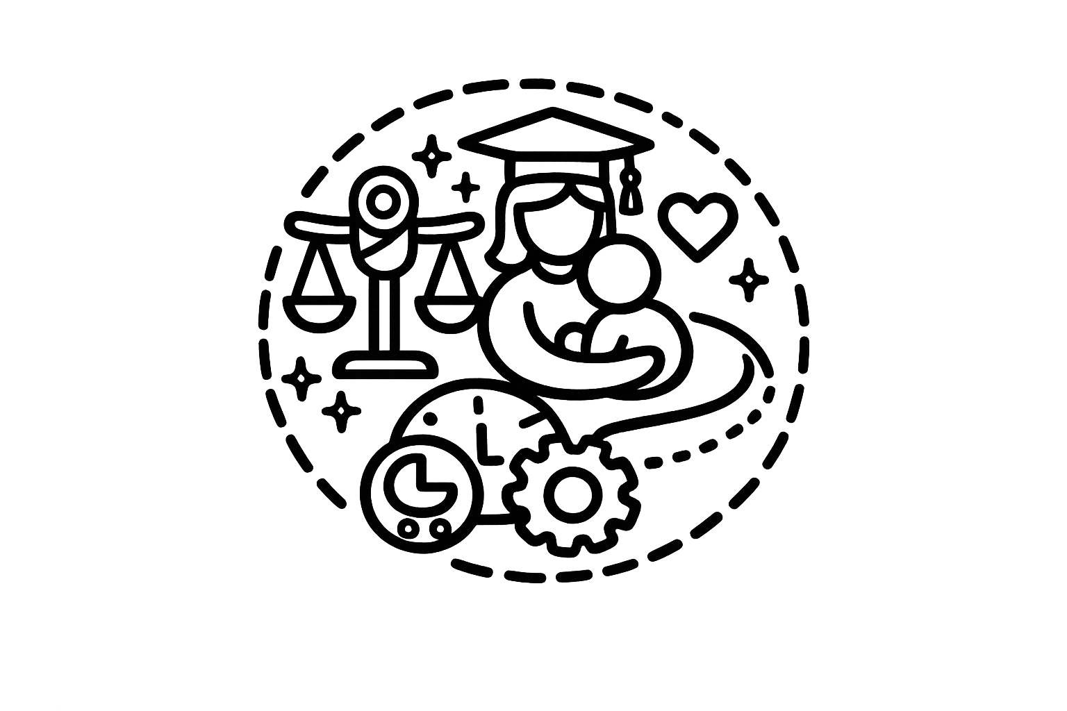 Outline illustration of a lawyer or judge wearing a graduation cap with balance scales, a clock, gears, a heart, and stars around her, symbolizing law, justice, time, and innovation.