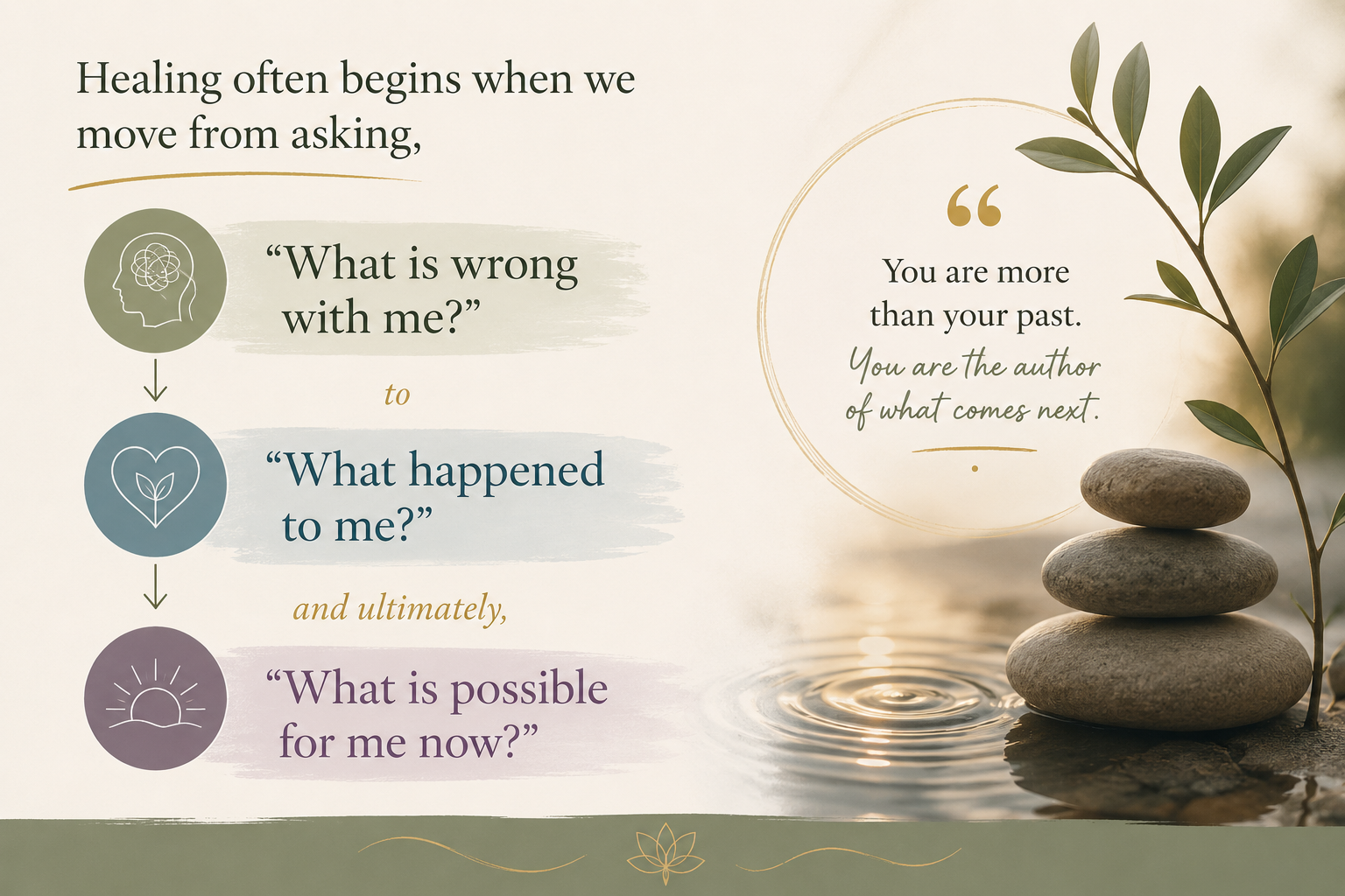 A calming, nature-inspired graphic with motivational quotes about healing and self-discovery. The background features a stack of stones and greenery on water.