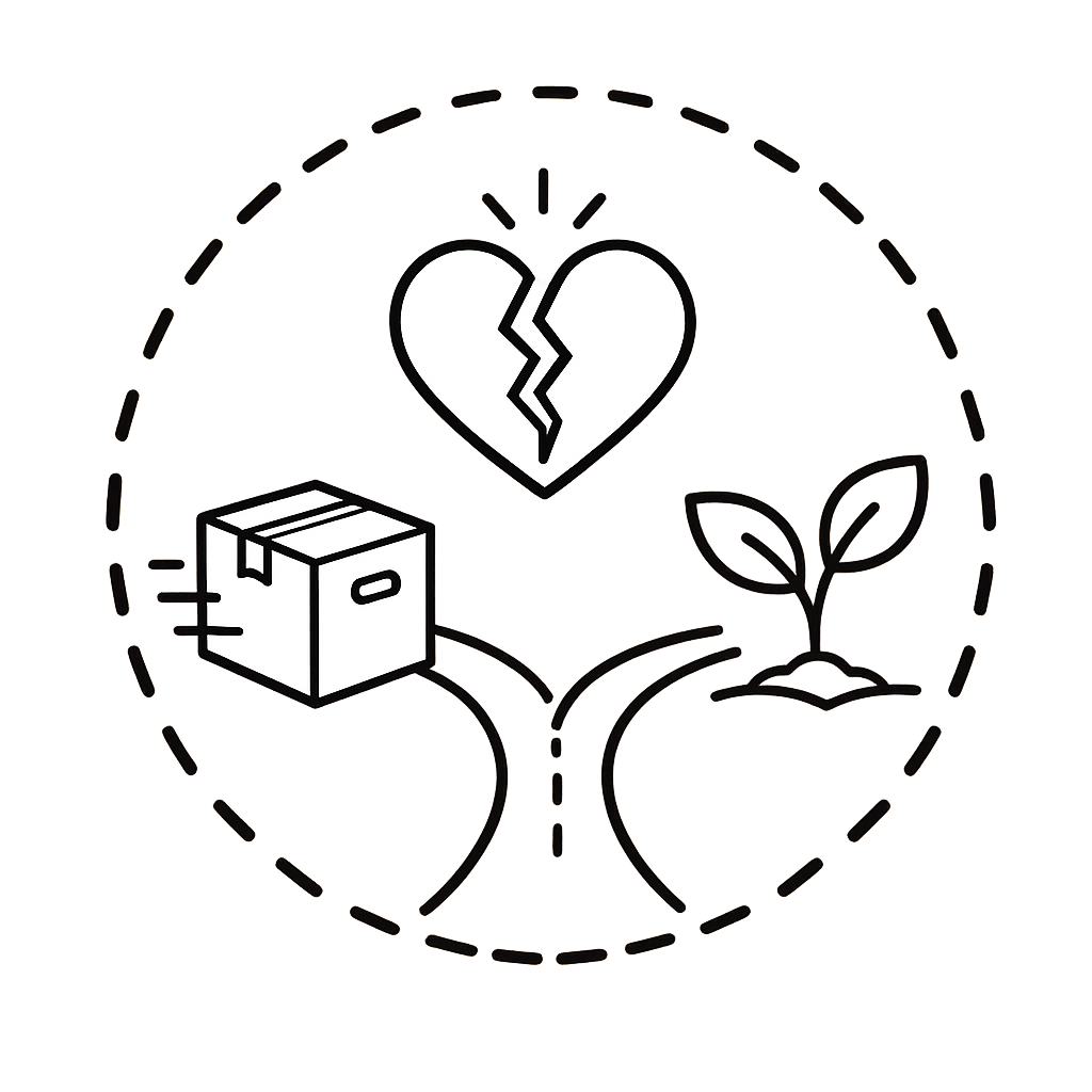 A black and white illustration featuring a broken heart at the center, a small plant with two leaves on the right, and a cardboard box on the left, all enclosed within a dashed circle.
