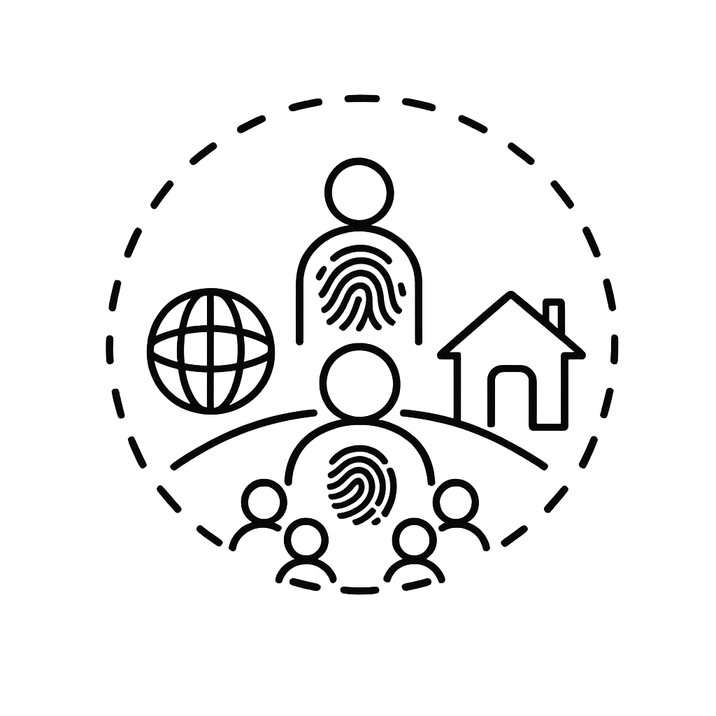 Icon representing digital identity, including a globe, a house, a fingerprint, and multiple user profiles connected within a dashed circle.