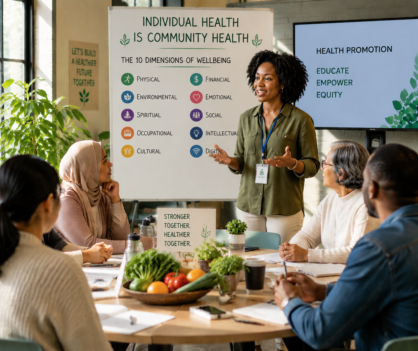 A diverse group of people attending a health workshop, sitting around a table with vegetables, listening to a woman presenter. The presenter is standing near a whiteboard with health-related information and a large screen displaying health promotion messages.