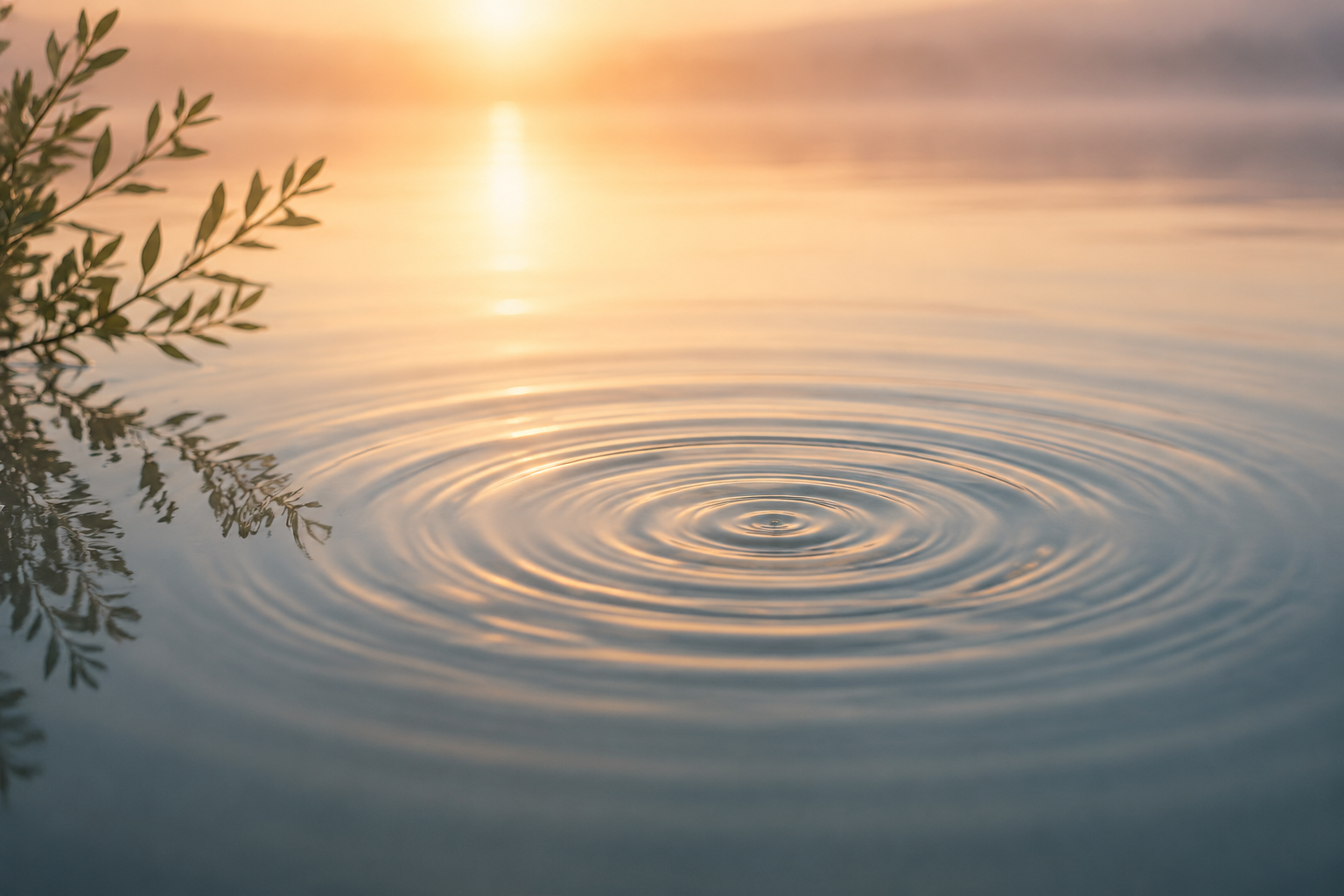 A close-up of a water surface with ripples and an orange-pink sunset reflection, with a leafy branch on the left side.