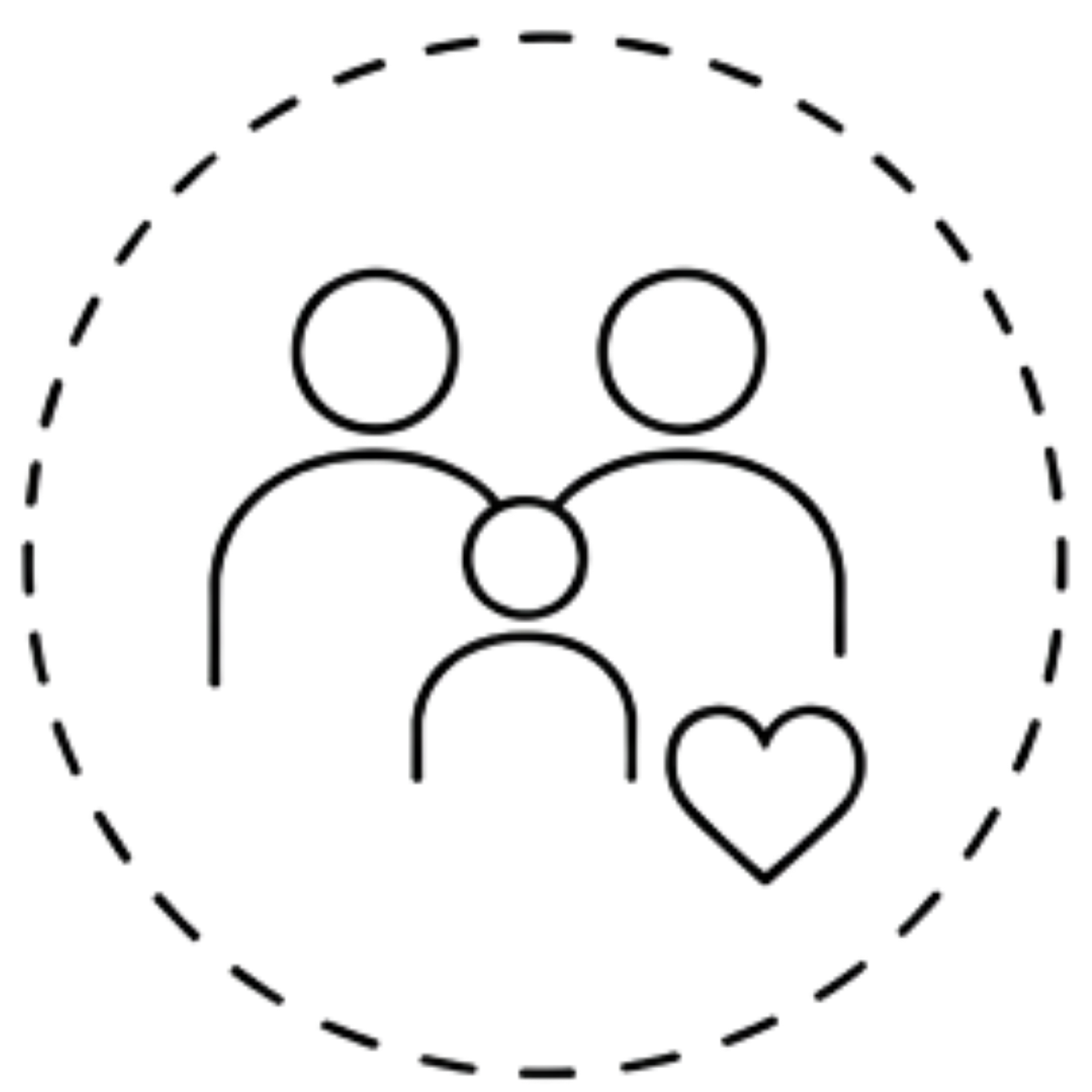 Outline of a two dogs with circles in front of their faces inside a dotted circle.