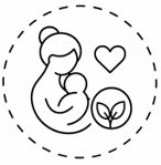 Line drawing of a mother breastfeeding her baby with a heart, a potted plant, and dotted circle background.