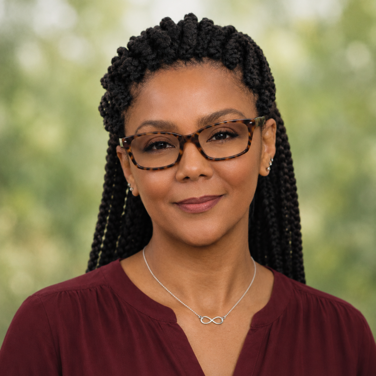 A woman with dark, curly, braided hair and glasses with tortoise shell frames, wearing a burgundy blouse, silver earrings, and a silver infinity necklace, smiling outdoors against a blurred green background.