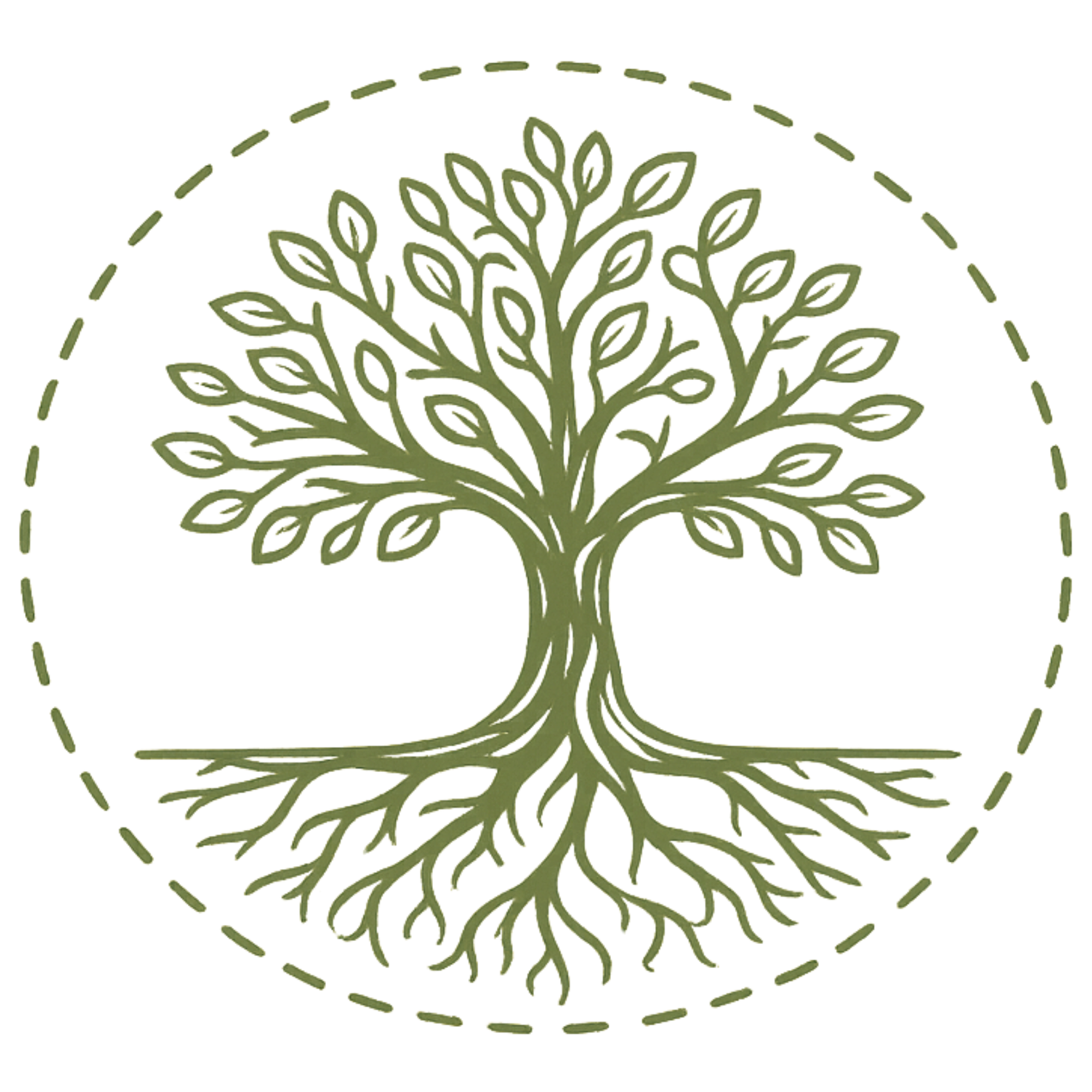Illustration of a tree with leaves, surrounded by a dashed border, on a transparent background.
