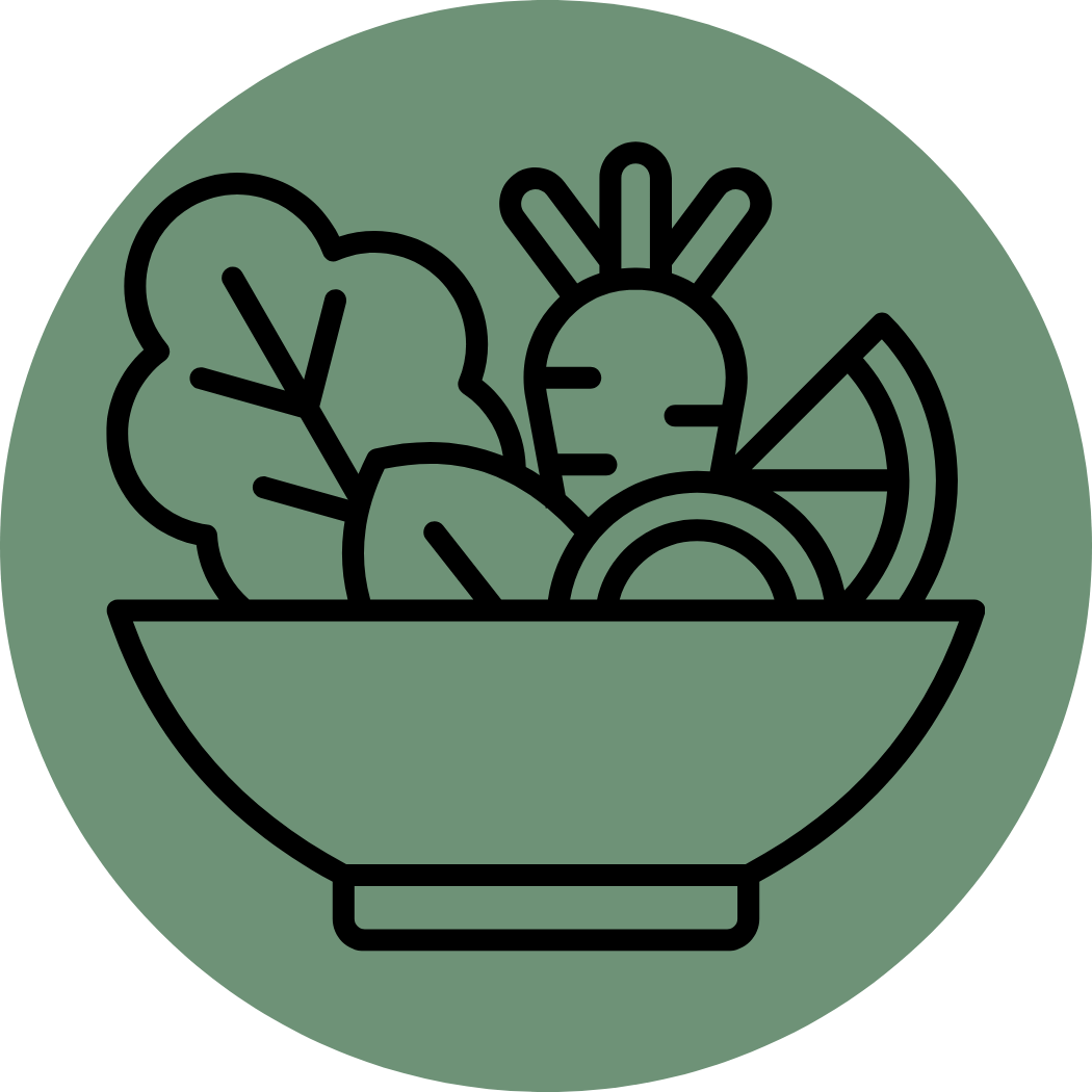 A line drawing of a bowl of mixed vegetables, including lettuce, radish, lemon wedge, and an orange slice on a green circle background.