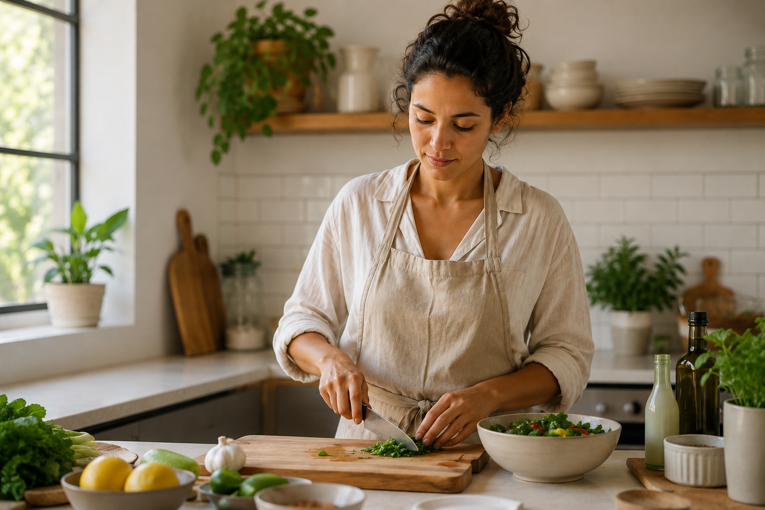 A woman with dark curly hair tied up, wearing a beige apron over a light-colored shirt, is chopping greens on a wooden cutting board in a bright, modern kitchen. The kitchen has white subway tile backsplash, wooden shelves with dishes, potted plants, and a large window letting in natural light. Various ingredients and kitchen items are on the counter, including lemons, limes, garlic, olive oil, and a bowl of mixed salad.