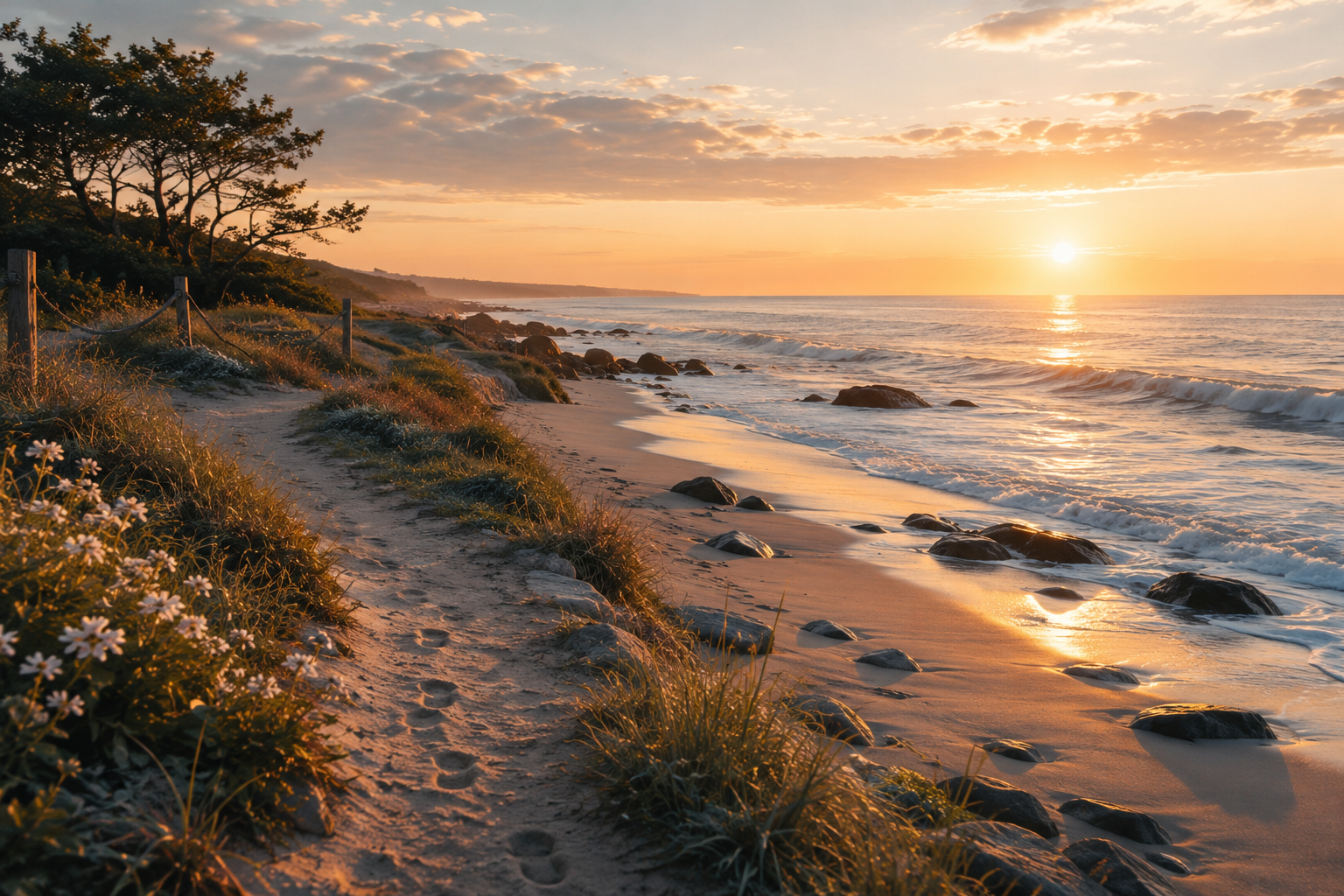 Sunset over a sandy beach with rocks, ocean waves, and greenery, including a tree and flowers, along a wooden fence.
