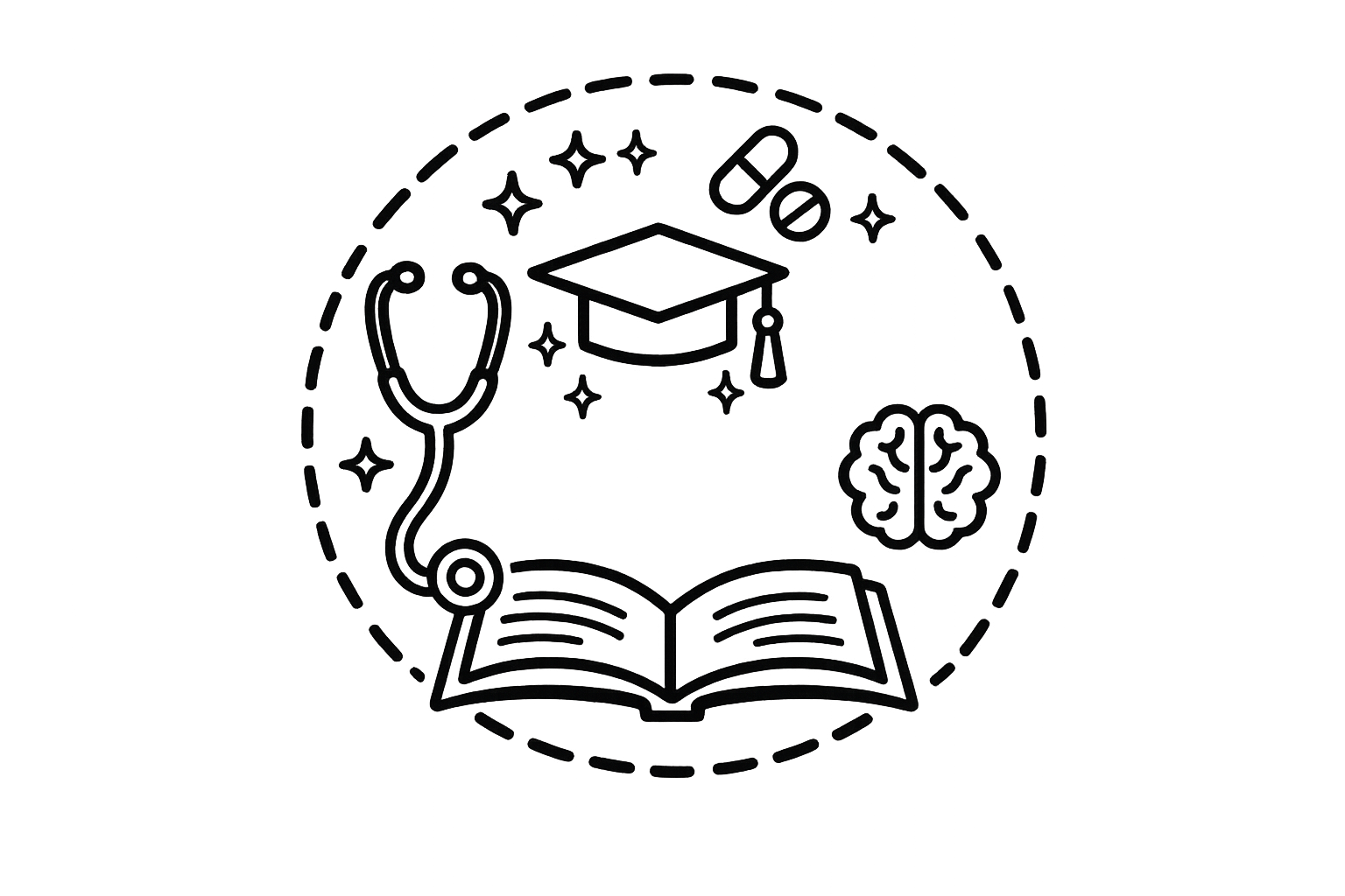 Outline of a circular badge with educational icons including a stethoscope, open book, graduation cap, brain, and pills, symbolizing healthcare and learning.