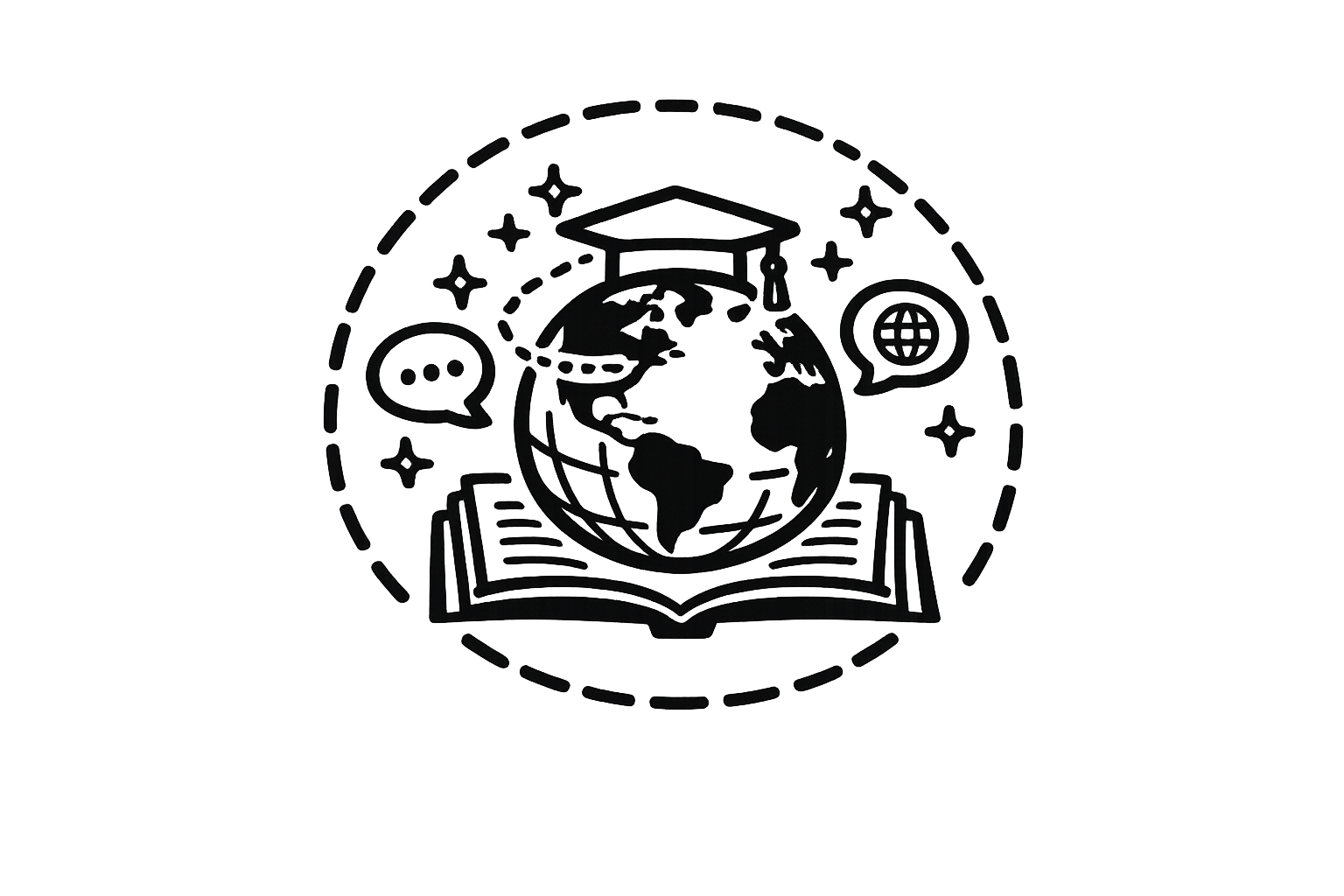 Outline of a globe with a graduation cap, surrounded by speech bubbles, stars, and books, representing global education and communication.