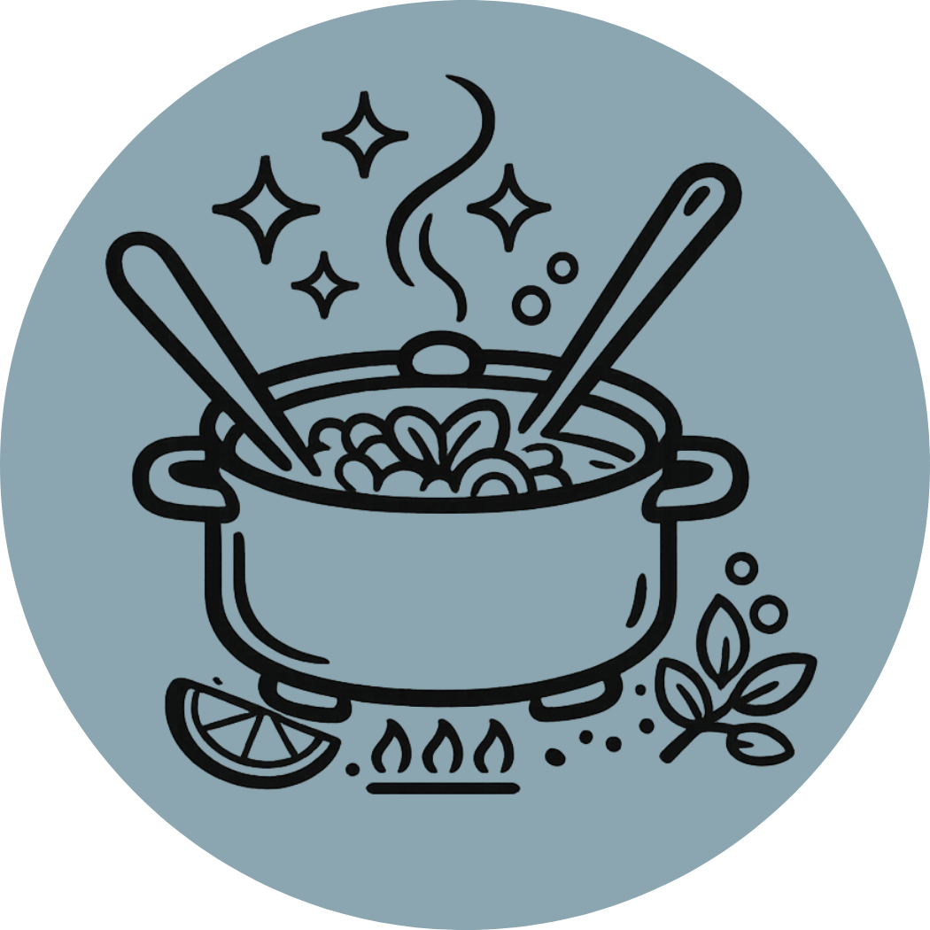 Line drawing of a pot of hot soup with steam, two spoons inside, garnished with lemon and herbs