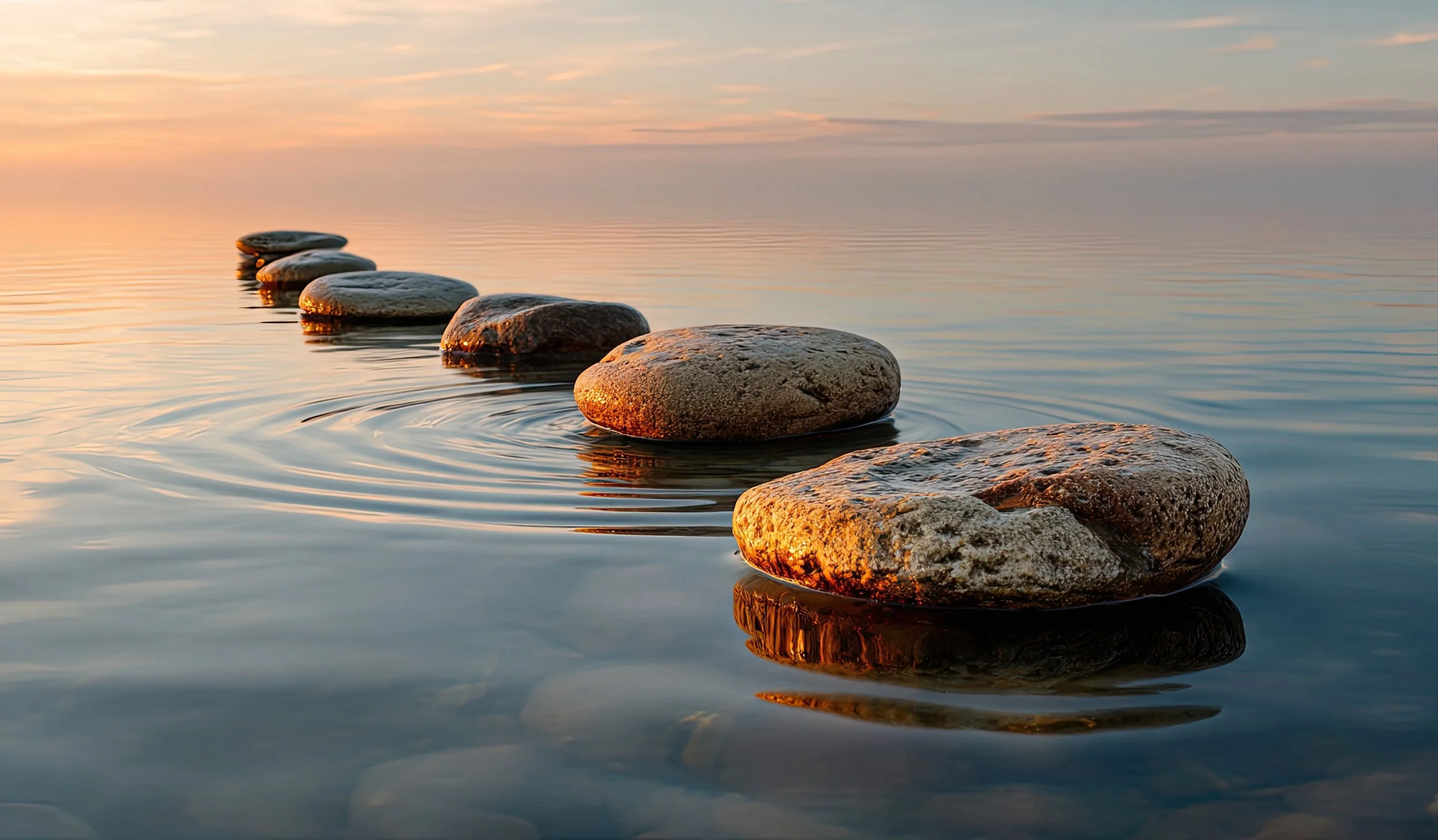A line of smooth rocks partially submerged in calm water during sunset, with a sky painted in soft pastel colors.