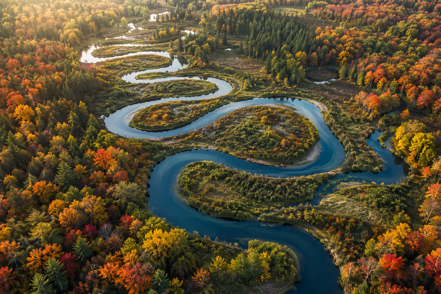 A winding river through a forest in fall with trees displaying orange, yellow, and green leaves, seen from above at sunset.