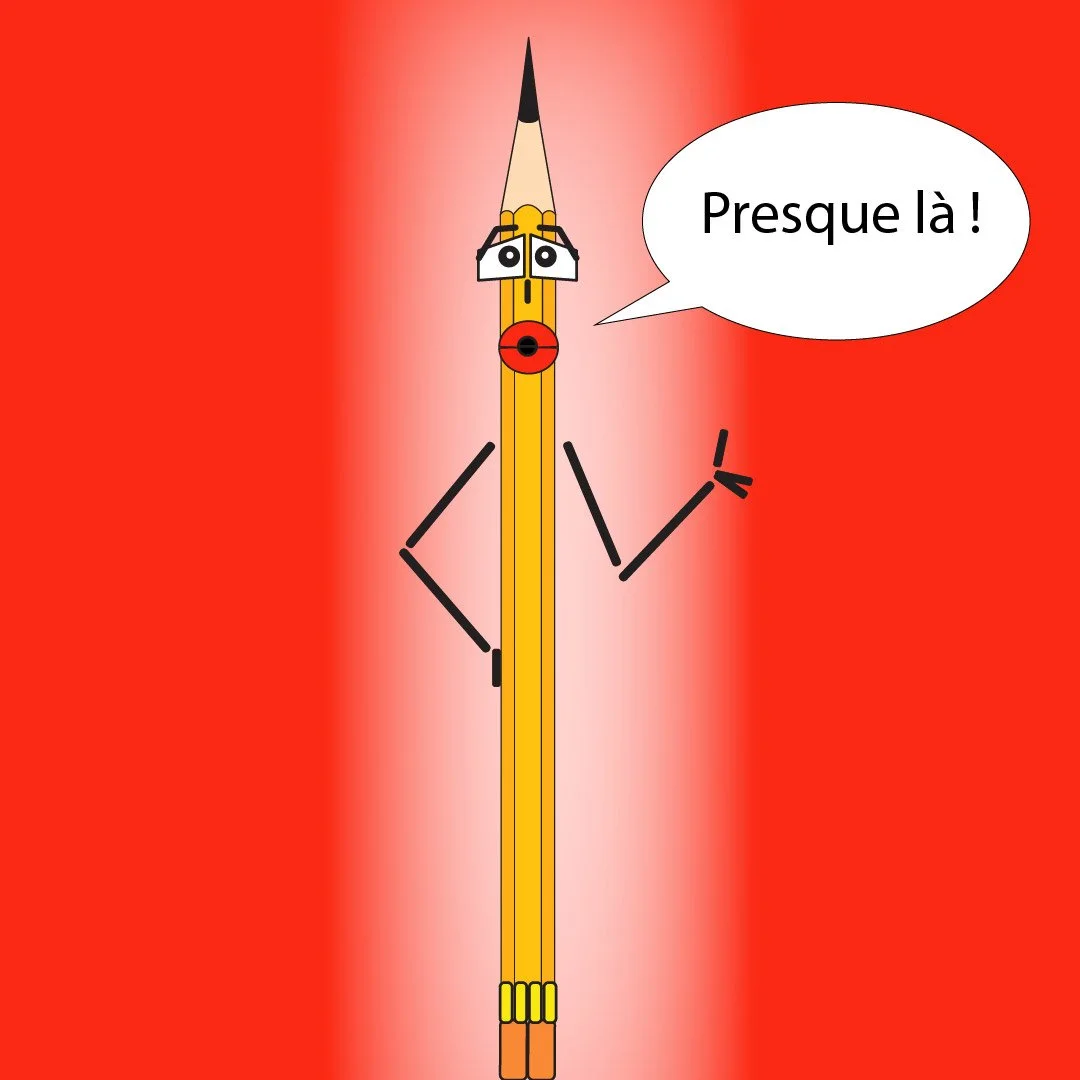 Une illustration humoristique d'un crayon anthropomorphe avec des bras, un visage et des lunettes, sur un fond rouge. Crayou vous encourage à ne pas procrastiner.