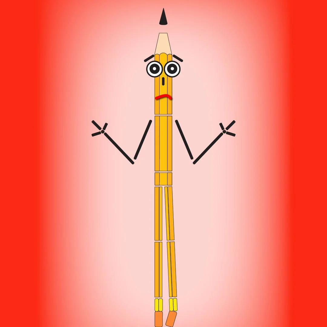 Un crayon anthropomorphe avec des yeux, un visage triste, des bras avec des mains et des jambes, debout sur un fond dégradé rouge et rose.