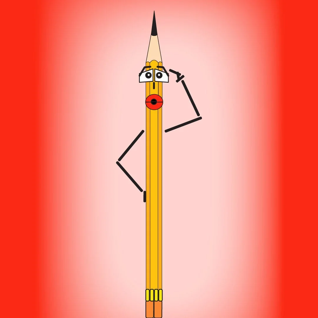 Pencil avec visage, bras et jambes dessinés, en pose de pensée, sur un fond dégradé rouge et rose.