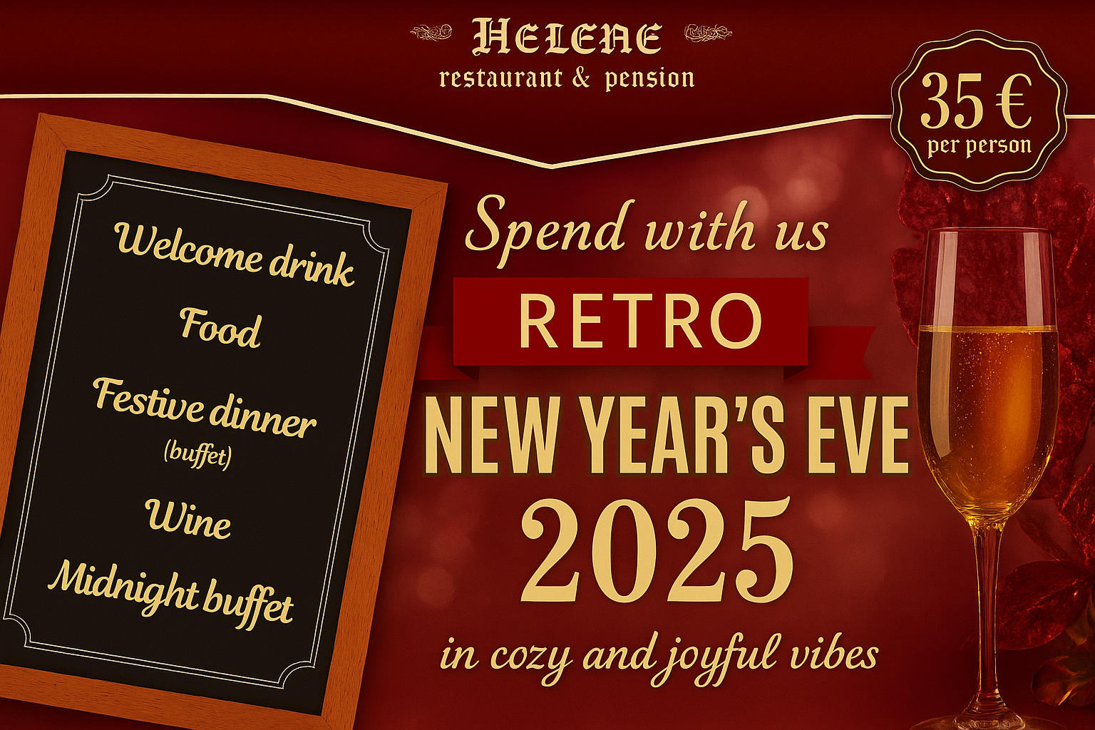 Červené pozadie so zlatým a krémovým textom propagujúcim silvestrovskú oslavu v reštaurácii a penzióne Helene. Obsahuje tabuľu s ponukou uvítacieho drinku, jedla, slávnostného bufetu, vína a polnočného bufetu. Zobrazuje pohár šampanského a dekoráciu