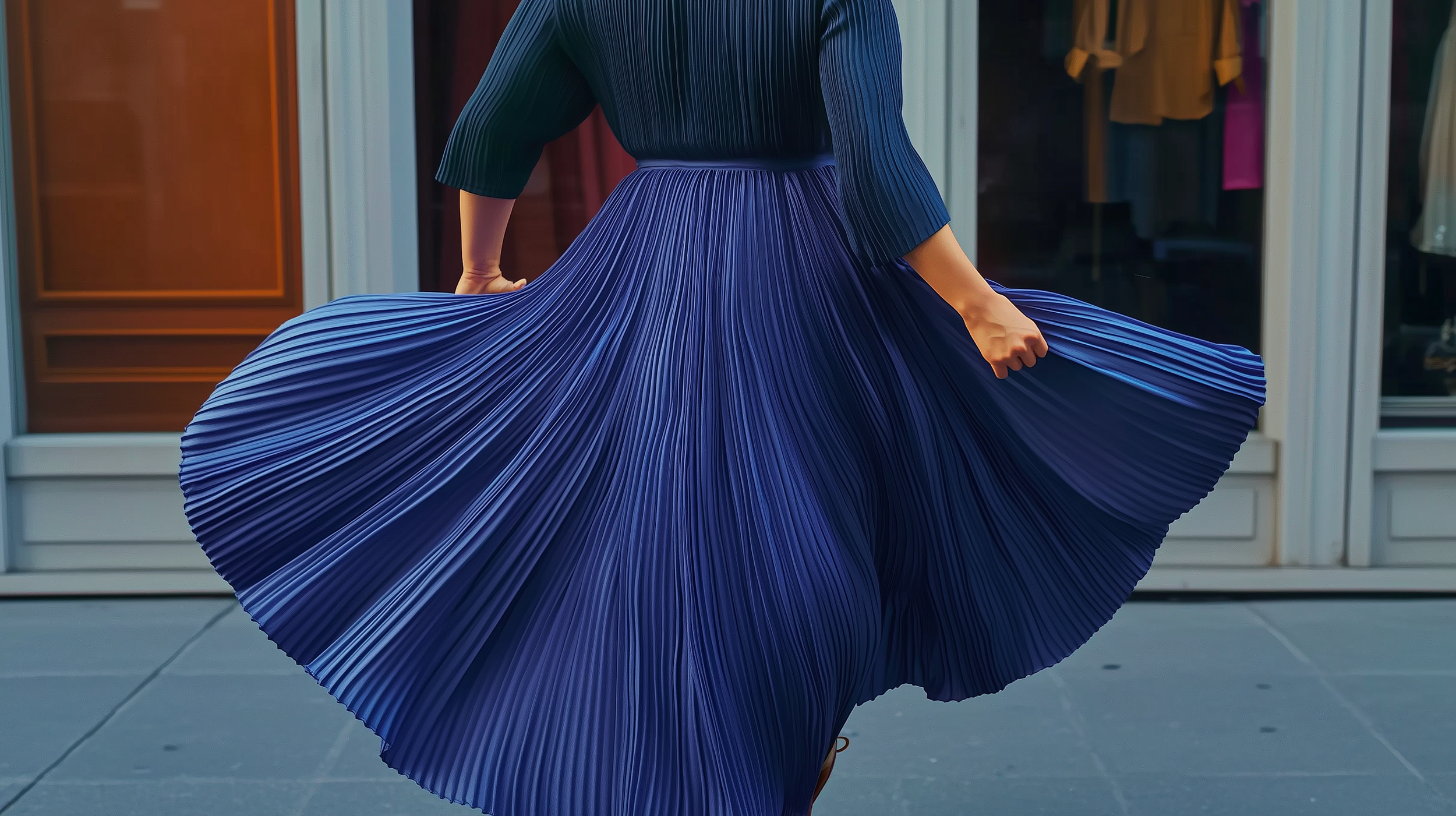 A woman wearing a flowing, pleated blue dress standing outdoors in front of a glass building with a floral pattern on the sidewalk.