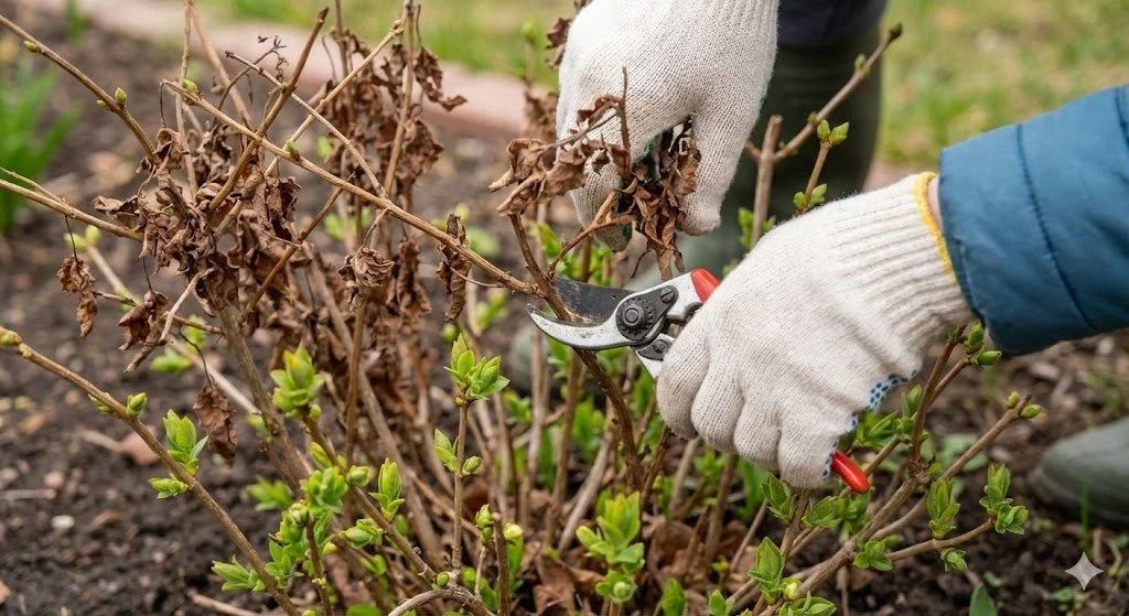 Person pruning a shrub with garden shears, wearing gloves.