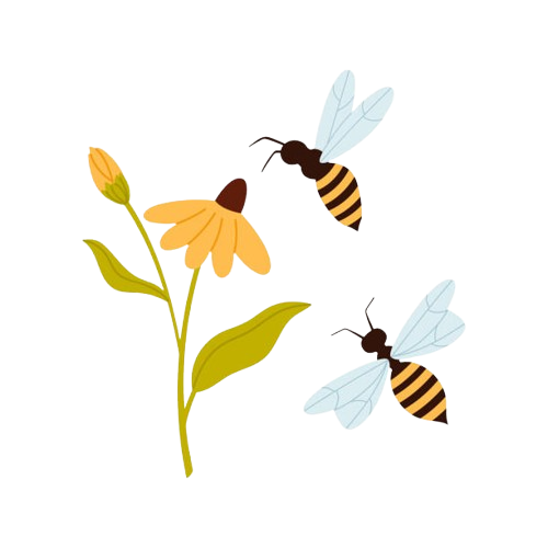 Illustration of a flower with two bees hovering nearby.