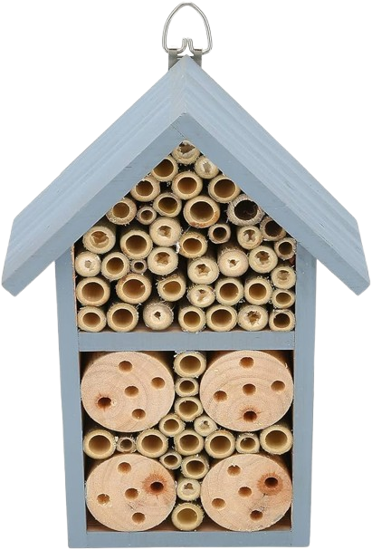 A blue wooden insect hotel shaped like a house, filled with bamboo tubes and wooden blocks with holes.