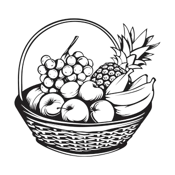 A basket of assorted fresh fruits including grapes, strawberries, and bananas.